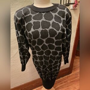 Vintage 80s 90s Shoulder Pad Sweater Dress Black Gray Animal Print Knit